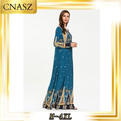 Vetement Femme 2019 Moroccan Kaftan Arab Muslim Large Size Womens Fashion Knit Printed Dress