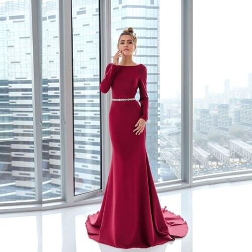 2021 Modern Wine Red Mermaid Long Sleeve Prom Party Dresses Backless Bateau Neckline Beaded Belt Wedding Guest Gowns Court Train