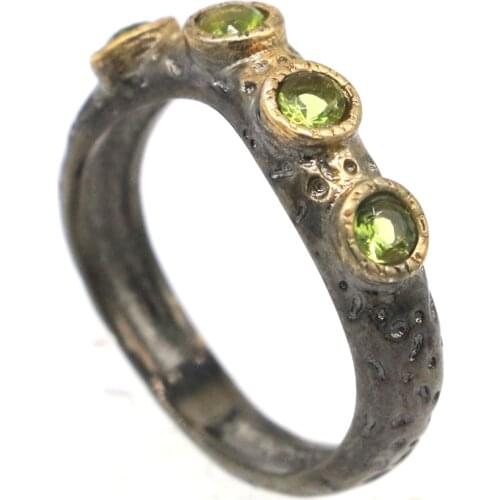 32x22mm Sublime Antique Vintage Created 18.4g Green Peridot Tanzanite Blue Topaz Gift For Sister Black Gold Silver Rings