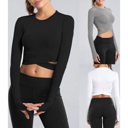 Quick Dry Fitness Gym Crop Tops Sport Wear Women Long Sleeve Running Shirts Sexy Exposed Navel Yoga T-shirts Solid Sports Shirt