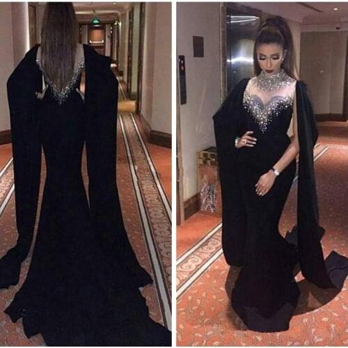 Black Beaded Crystal Mermaid Prom Evening Dresses Slim 2019 Dubai Middle East Custom Vestidos De Soiree Custom Formal For Lady