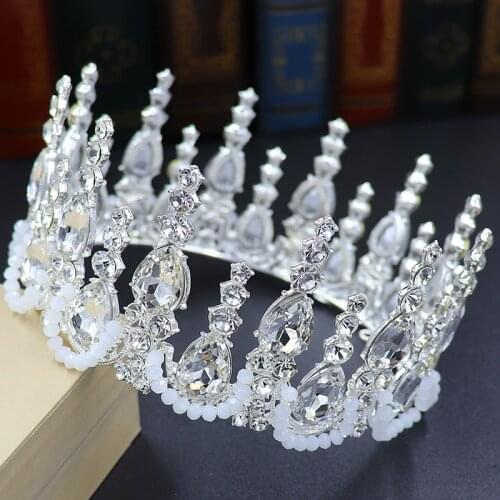 Round Diadema big crown bridal tiara handmade beaded crystal crown wedding tiara wholesale rhinestone headband hair for women