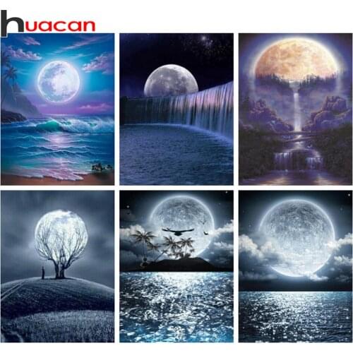 Huacan Full Square Diamond Painting Moon Night Scenery Embroidery Cross Stitch Sea Landscape Mosaic Diamond Art