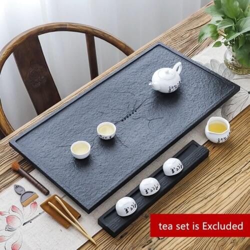 Chinese black stone tea tray water draining outlet serving trays heavy weighted stone tea table for kungfu tea set multi-size