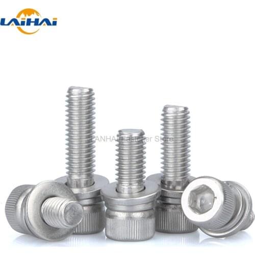 M2 M2.5 M3 M4 M5 M6 M8 M10 M12 304 Stainless Steel Hexagon Hex Socket Cap Head SEM Screw Flat Washer Spring Gasket Assemble Bolt