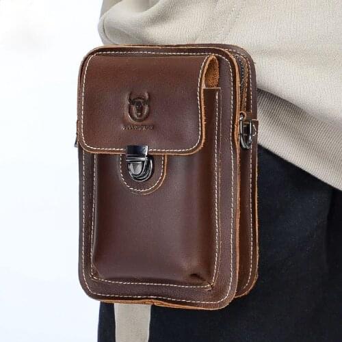 Mens leather casual wear belt phone waist bag top layer cowhide multifunctional single shoulder messenger bag