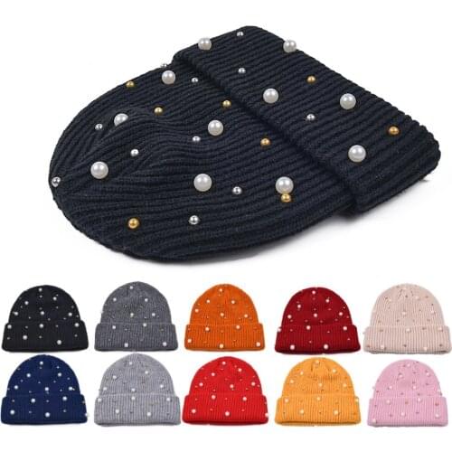 White Imitation Pearl Solid Beanie Autumn Winter Wool Blends Soft Warm Knitted Cap Men Women Skullcap Hats Gorro Ski Caps Bonnet