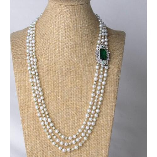 28''-30'' 3 Strands White Pearl Green CZ Connector Necklace
