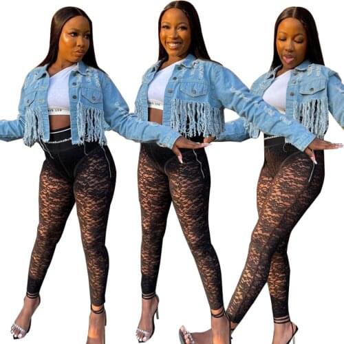 Sexy Ripped Fringed Denim Jacket Short Tassel Jean Coat Woman Trendy Autumn Fashion Clothes Women Dropshipping