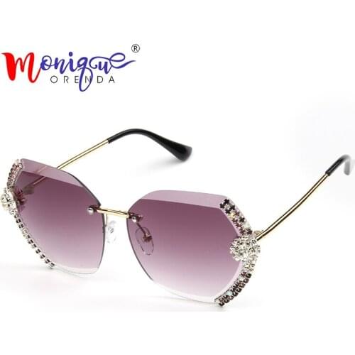 Vintage rimless sunglasses women bling diamond brand designer men sun glasses ladies men shades rhinestone oculos de sol case
