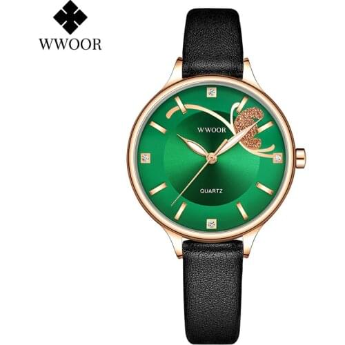 WWOOR 2021 New Designer Women Watches Top Brand Luxury Diamond Ladies Dress Watch Women Fashion Green Female Leather Reloj Mujer