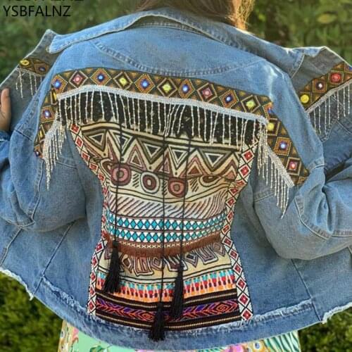 Boho Denim Beading Tassel Jacket Tribal Embroidery Vintage Clothing Women Folk Embellished Oversized Jackets Coat Gypsy Chaqueta