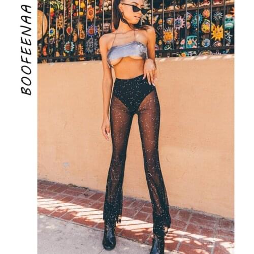 BOOFEENAA Glitter Black Mesh Sexy Flare Pants Streetwear Rave Bottoms See Through Beach Bell Bottom Pants Summer 2020 C66-I76
