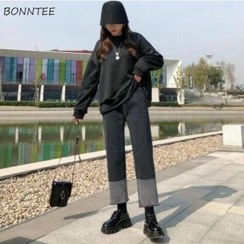 Jeans Women Patchwork Straight High Waist Button Washed Vintage Ankle-length Trousers Chic Streetwaer Harajuku Simple Ulzzang