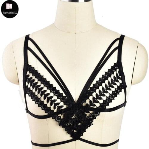 Women Sexy Lingerie Body Harness Cage Black Lace Crop Tops Cage Bra Gothic Bondage Harness Bustie Pole Dance Elastic Bralette
