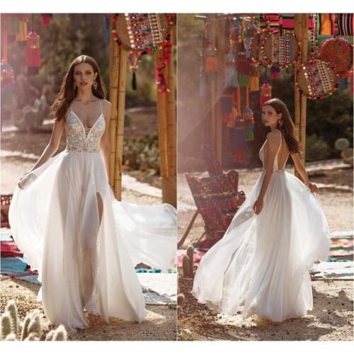 2020 Boho Wedding Dresses High Split Lace Applique A Line Bohemian Wedding Dress Floor Length Chiffon Robes De Mariée