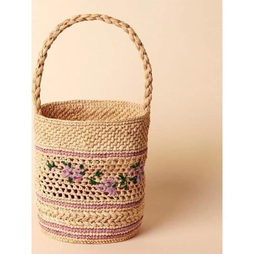2021 Summer Fashion Womens Premium Texture Straw Bag Hand Knitting Rope Crochet Raffia Flower Woven Handbag Bucket Basket