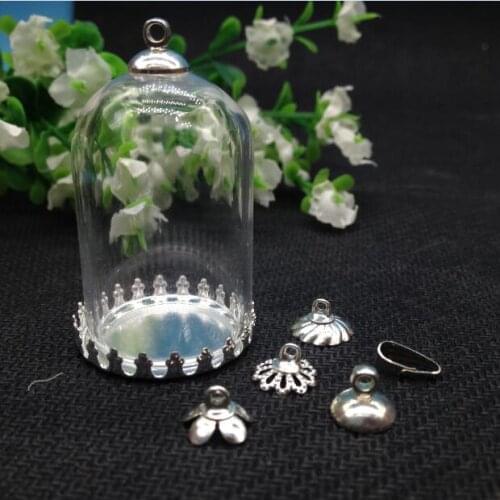 5sets 38*25mm tube glass globe silver crown base tray beads cap free clasp glass vial pendant glass cover dome necklace pendant