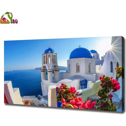 Santorini Greece Full Drill landscape Mosaic Round Diamond Painting Diamond Embroidery Cross Stitch Kit Diamond Art Rhinestones