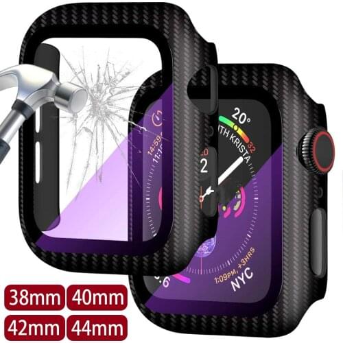 Carbon Fiber Bumper Watch Cover for Apple Watch SE 6 5 44 40mm Screen Protector Glass Protector Film Case for Iwatch Serie 6 5 4