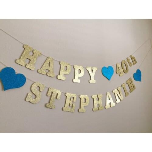 Glitter Happy 40th 30th Birthday Banner Party Photo Prop garlands buntings custom colors and age and name