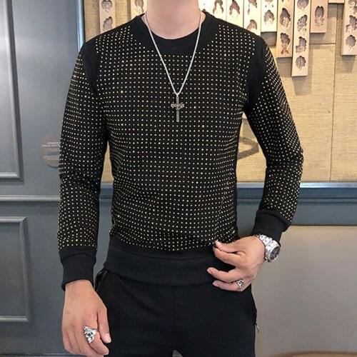 Freeship mens rhinestone long sleeve black fashion T shirt/party/stage/bling style