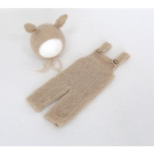 Beige Newborn Outfit Mohair Baby Fox Hat Vintage Newborn Romper Hat Set Baby Prop Overalls Knitted Infant Jumpsuit Boy Bonnet