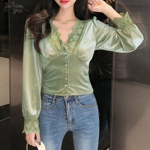 Women Blouse Sexy Lace V-neck Vintage Pleuche Blouse Women Tops Office Lady Clothes Solid Long Sleeve Tops Chemisier Femme 10563