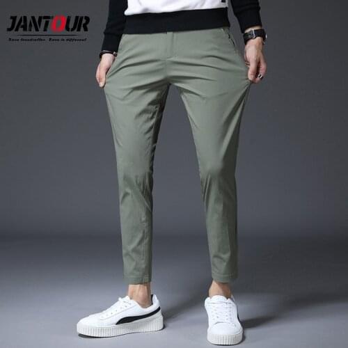Spring summer Ankle-Length Pants Men Casual Slim Straight Fit Fashion Trousers Male Cotton Brand Green Pant Size 33 34 36 38