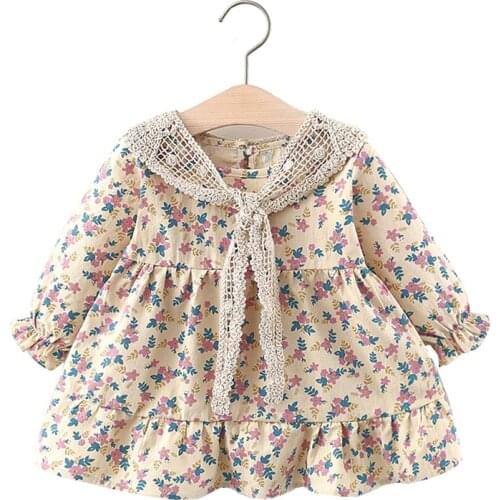 Floral Baby Girl Dress With Shoulder Cape Long Sleeve Summer Toddler Outfit Spring Fall French Style Cotton Kids Clothes