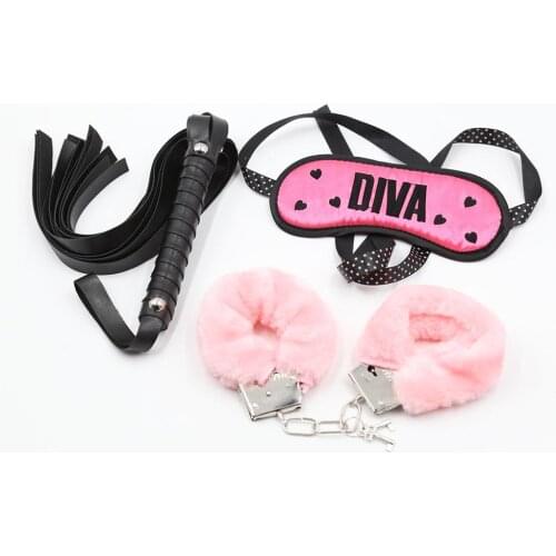 Fetish BDSM Plush Handcuffs Leather Whip Eyes Mask 3 pieces Erotic Couples Bondage Bed Restraints Kit