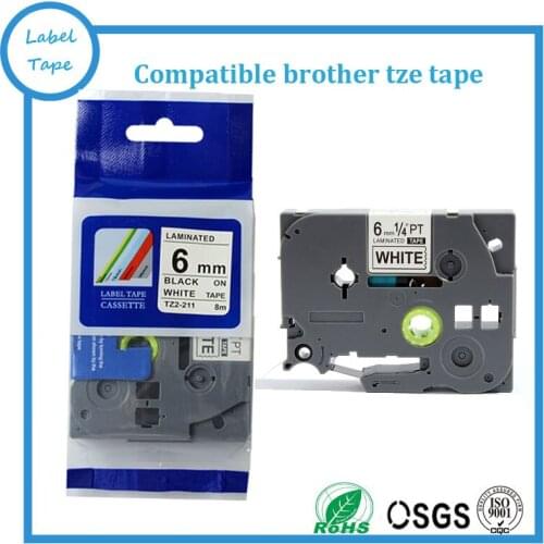 Brother tze tape 6mm black on white tze-211 tze211 tz211 tz-211 tze label cassette compatible p-touch label printer
