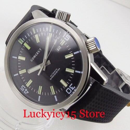 CORGEUT Brand Mechancial Men Watch MIYOTA 8215 Movement Date Display Seeing Back Steel Case Rubber Strap