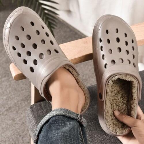 WEH Mens Slippers Winter Garden clogs Shoes Male Cotton Slip-on Hole Hollow Breathable Indoor Warm sandals room shoes women