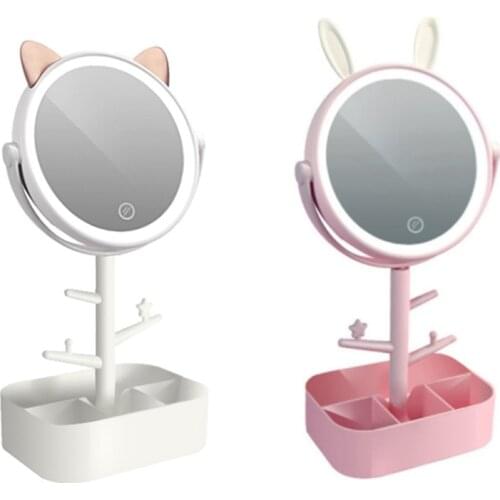 Makeup Mirror Desk Lamp, 3 in 1 USB Charging Lighted Makeup Vanity Mirror Desk Lamp Storage Creative Cartoon Pet Style