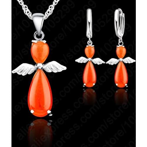 New Arrival, Fashion Angel Wings Cats Eye Stone Opal 925 Sterling Silver Woman Wedding Party Jewelry Set