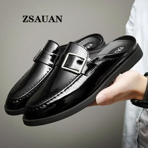 ZSAUAN New Tide Casual Slippers Indoor White Men Loafers Patent Leather Half Dress Shoes Elegant Flats Metal Decoration