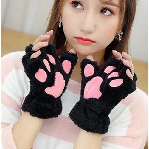 Richkeda Store New 2021 Women Bear Plush Cat Paw Claw Gloves Winter Faux Fur Cute Kitten Fingerless Mittens Gloves Christmas