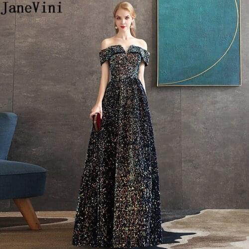 JaneVini 2020 Sexy Sequins Prom Dresses Elegant Women Off Shoulder Party Evening Dresses Long Shiny Colorful Banquet Formal Gown