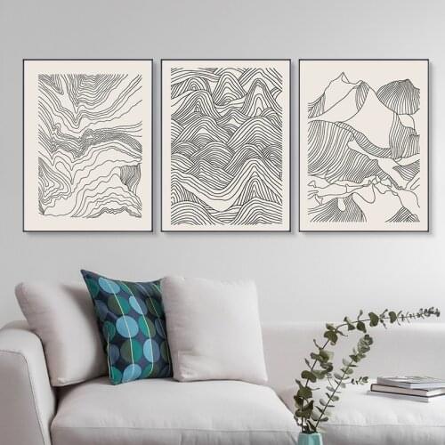 Simple modern abstract black and white lines of remote mountain art decoration picture canvas poster printing porch