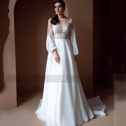 Chiffon Wedding Dresses Long Puff Sleeves Cheap Bridal Gowns Lace Applique A-Line Boho Sweep Train Back Button Summer Robe Party