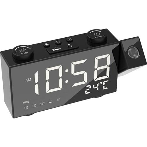 LED Projection Clock Digital Alarm Clock With Snooze Function Thermometer 87.5-108 MHz FM Radio USB/Batterys Power
