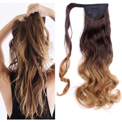 17" Corn Wave Ponytail Extension Black Color Magic Paste Heat Resistant Wavy Synthetic Wrap Around Ponytail Hairpiece For Women