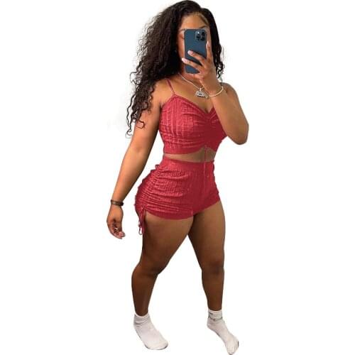 Casaul Biker Two Piece Set Spaghetti Strap Solid Color Crop Tank Top + Short Pants Summer Clothes For Women Outfit