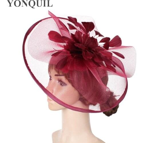 Wine Red Fascinator Feather Flower Wedding Hair Clips And Headbands Women Party Royal Ascot Bridal Church Show Hat Great Quality