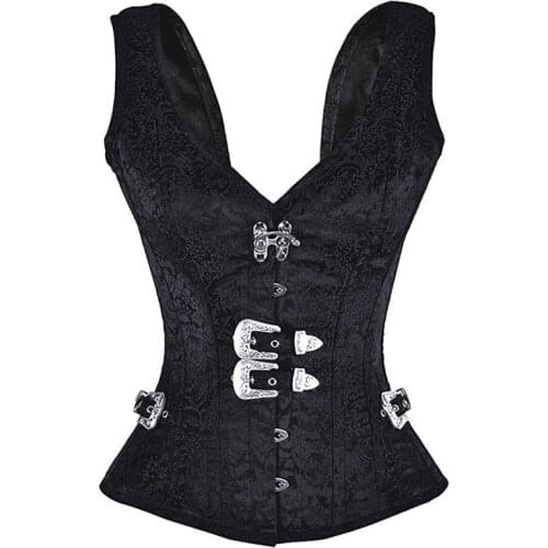 Vintage Steampunk Bustier Vest Gothic Corselet Women Bustier Corsets and Bustiers Sexy Black Floral Silver Buckle Tops
