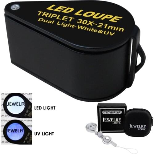 30x Magnification Jewelry Gem Loupe with UV & 6 LED Light 21mm Optical Glass Achromatic Aplanatic Triplet Black Frame Design