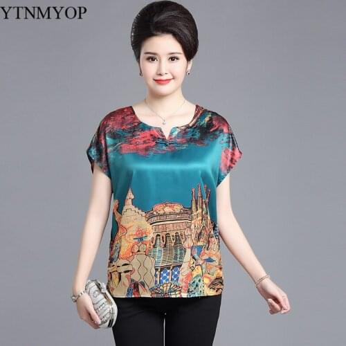 Women Print Summer T-shirt 2020 New Fashion Silk Imitation Cool T shirt Short Sleeve Retro Floral Tees Female YTNMYOP