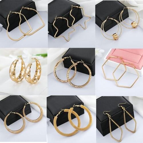 SOHOT Korean Fashion Big Hyperbole Geometric Women Hoop Earrings Hot Sale Star Round Heart Irregular Alloy Jewelry Brincos