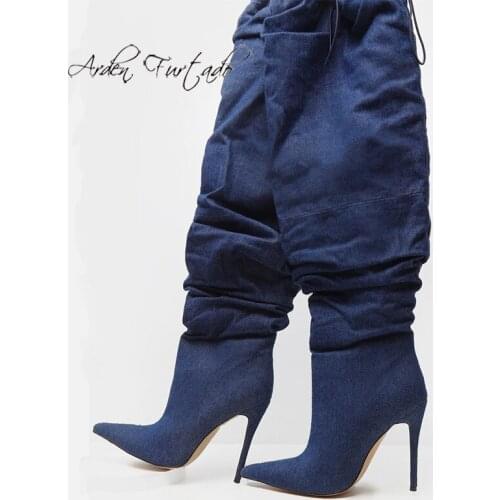 Arden Furtado 2020 Fashion Womens Shoes Winter Pointed Toe Stilettos Heels Sexy Elegant Ladies Boots blue denim jeans Boots 43